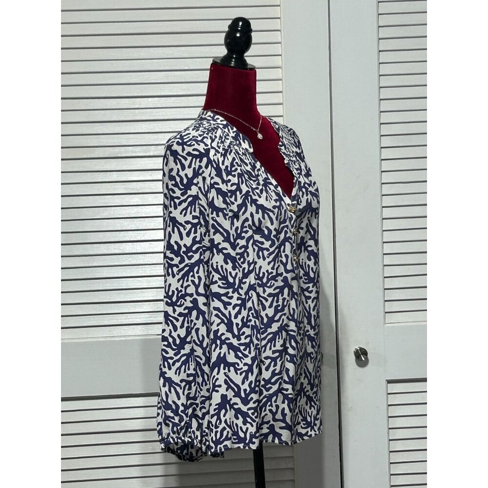 Lilly Pulitzer Women's White Navy Blue Silk Coral Elsa Blouse Top Size L 3083 - Picture 3 of 12